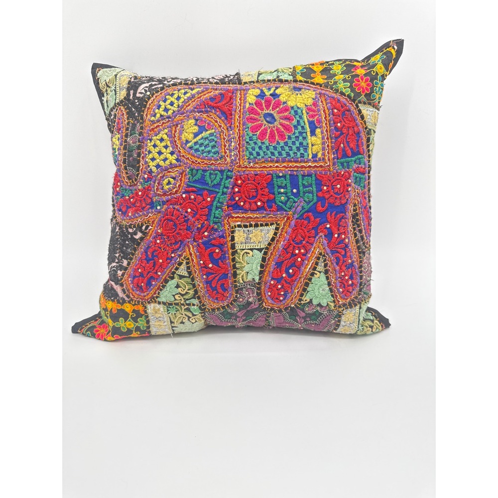 Vintage Indian Patchwork Elephant Throw Pillow Embroidered Boho 18x18